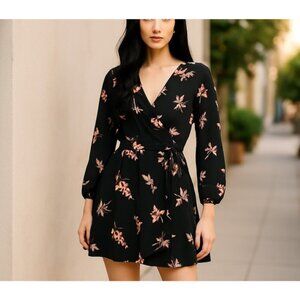 Billabong Mini Wrap Dress Womens Small Black Floral Crinkle Boho Long Sleeve